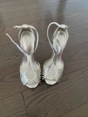 Aldo Silver Metallic Open-Toe Strappy Heels with Ankle Strap